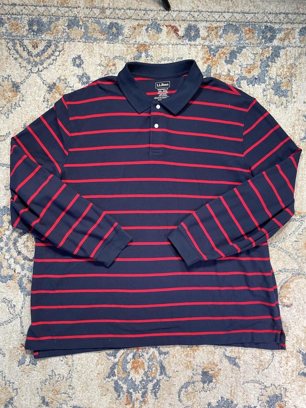 L.L. Bean Polo Shirt Mens 3XL Blue Red Stripe Long Sleeve Cotton Knit Casual
